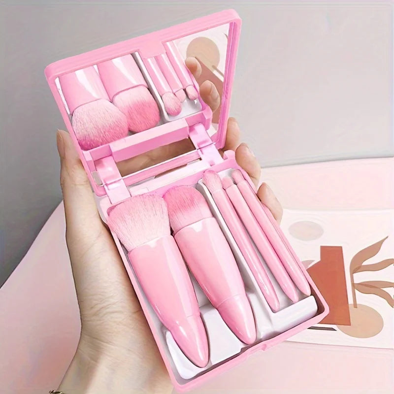 5-Pc Travel Makeup Brush Set with Mirror – Foldable Mini Kit
