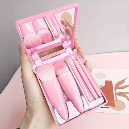 5-Pc Travel Makeup Brush Set with Mirror – Foldable Mini Kit