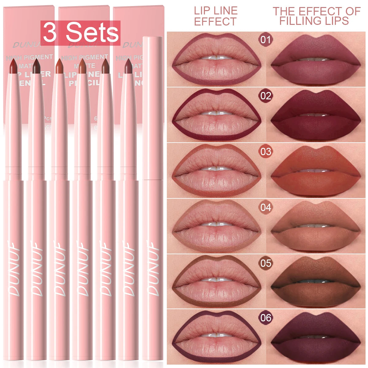 6-Piece Lip Liner Pen Set – Long-Lasting Waterproof Lip Gloss