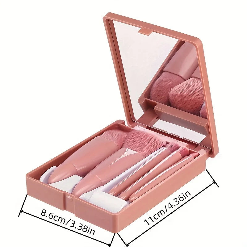 5-Pc Travel Makeup Brush Set with Mirror – Foldable Mini Kit
