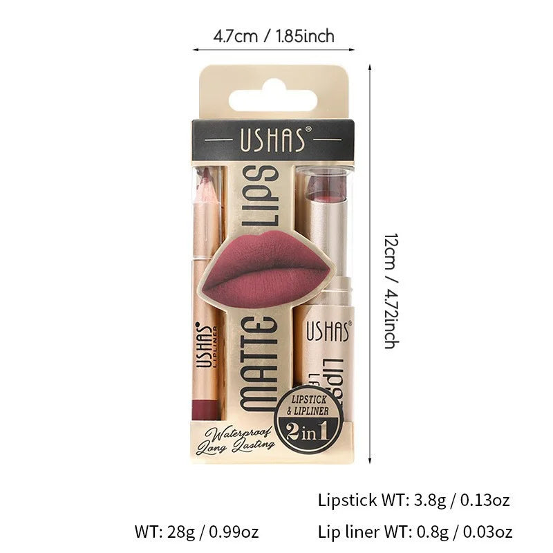 USHAS 12-Color Lip Liner & Lipstick Set – Matte, Long-Lasting Colors