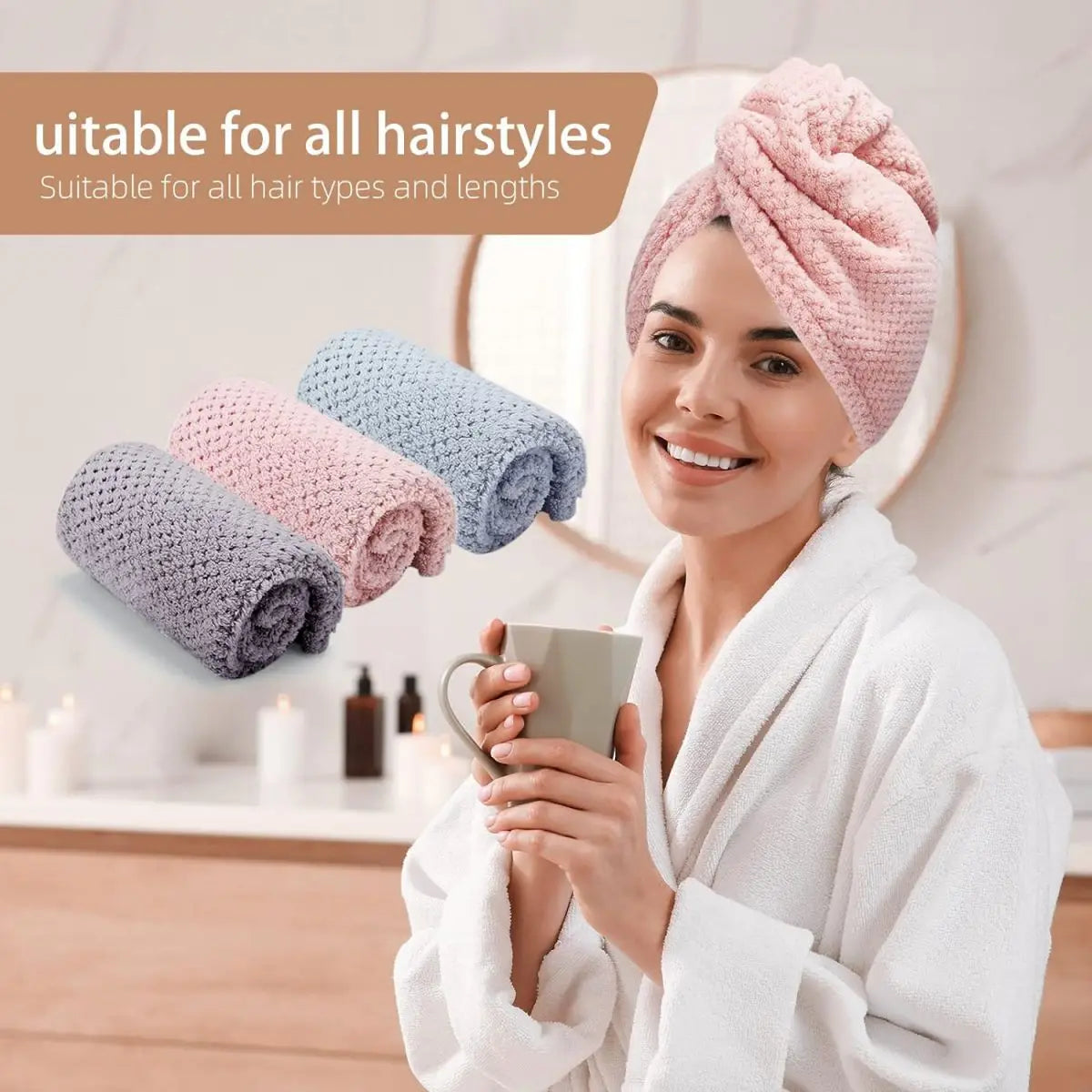 Absorbent Hair Towel Wrap – Textured Button-Down Drying Cap