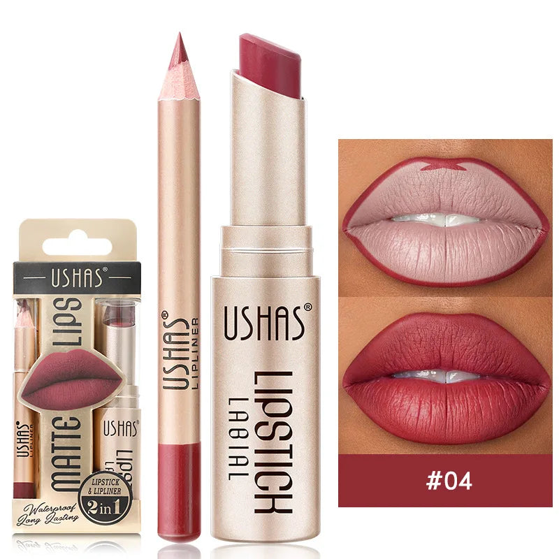 USHAS 12-Color Lip Liner & Lipstick Set – Matte, Long-Lasting Colors