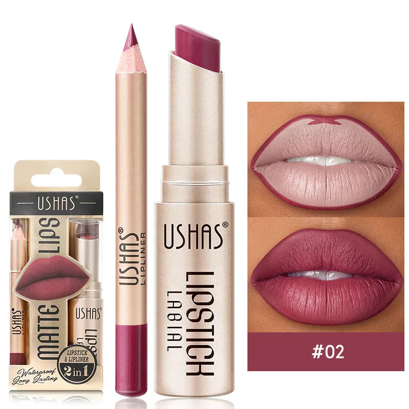 USHAS 12-Color Lip Liner & Lipstick Set – Matte, Long-Lasting Colors