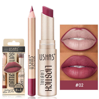 USHAS 12-Color Lip Liner & Lipstick Set – Matte, Long-Lasting Colors