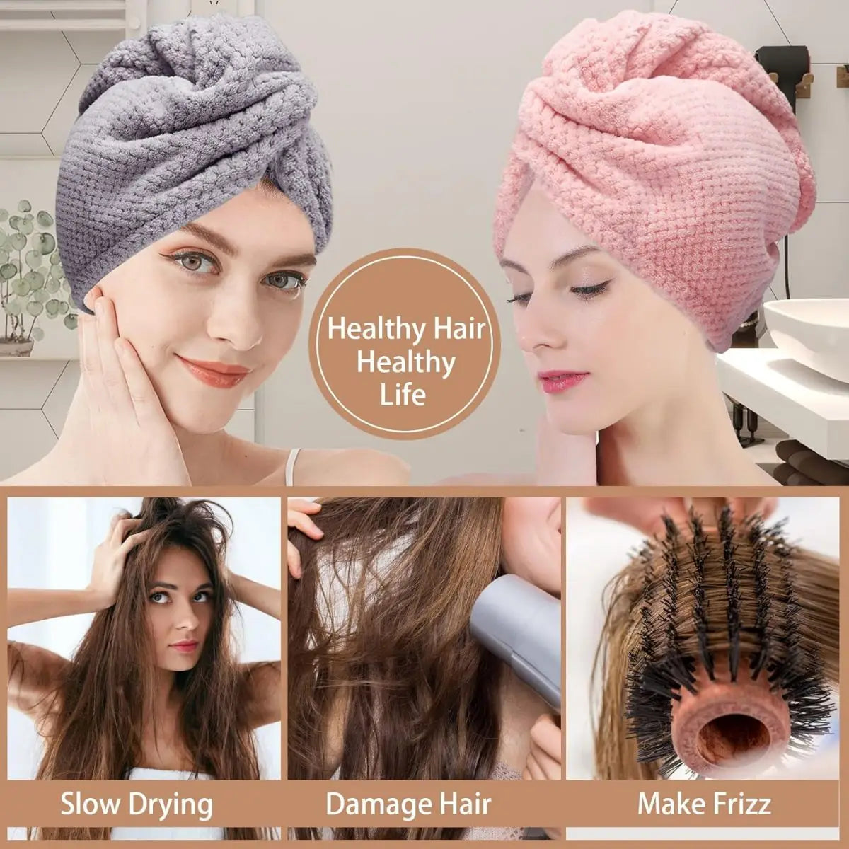 Absorbent Hair Towel Wrap – Textured Button-Down Drying Cap