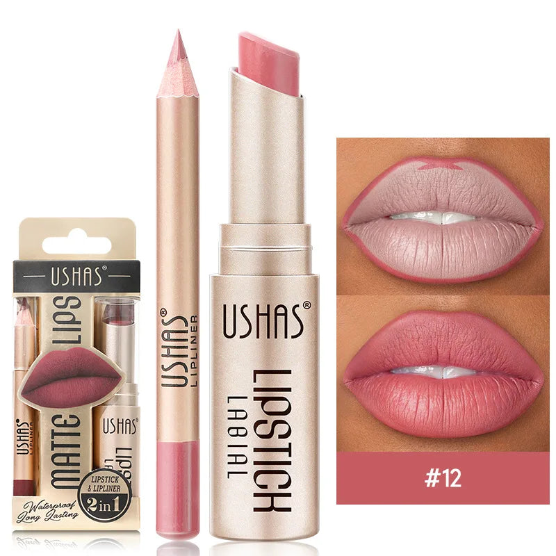 USHAS 12-Color Lip Liner & Lipstick Set – Matte, Long-Lasting Colors