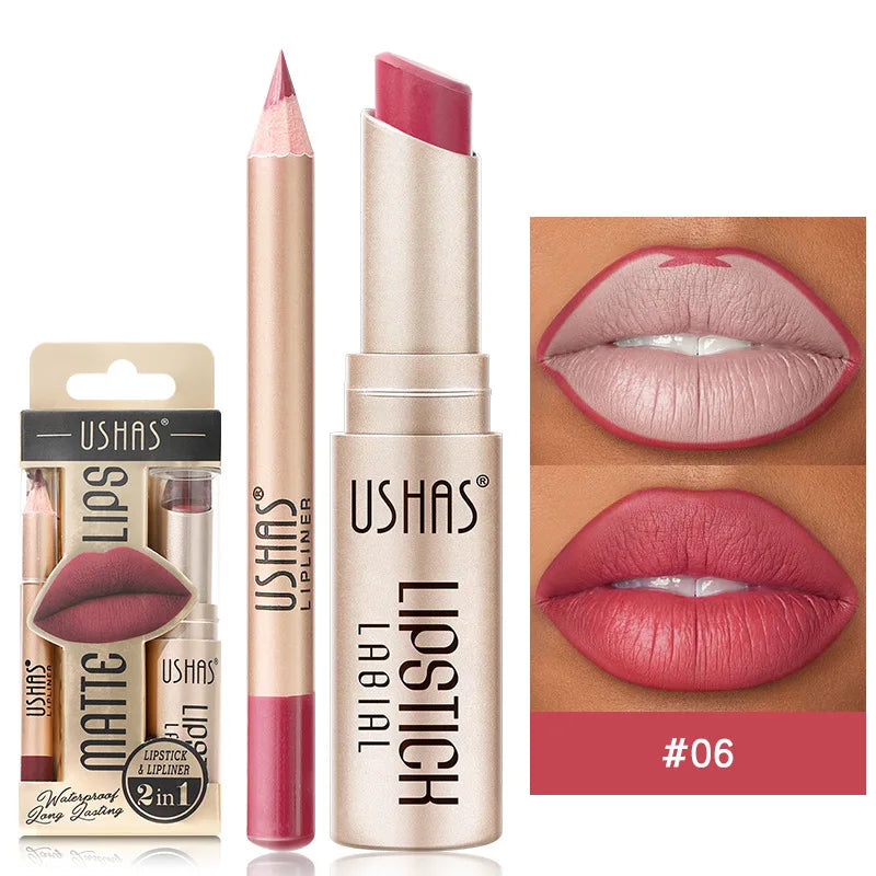 USHAS 12-Color Lip Liner & Lipstick Set – Matte, Long-Lasting Colors