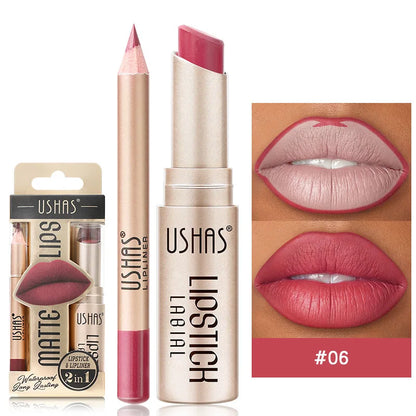 USHAS 12-Color Lip Liner & Lipstick Set – Matte, Long-Lasting Colors