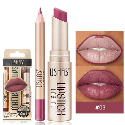 USHAS 12-Color Lip Liner & Lipstick Set – Matte, Long-Lasting Colors